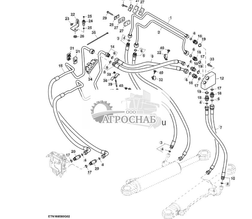 Трубопроводы системы рулевого управления, система автоматического управления AutoTrac™, с резервным насосом (22) (801465 - 804100) - ST872538 529.jpg